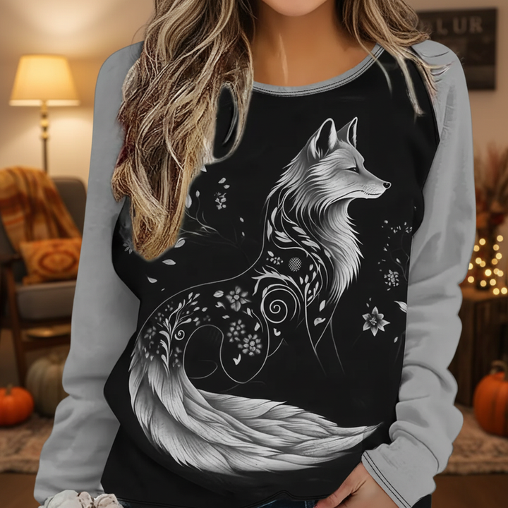 Close-up of fox print on women's polyester loose fit long sleeve sweatshirt