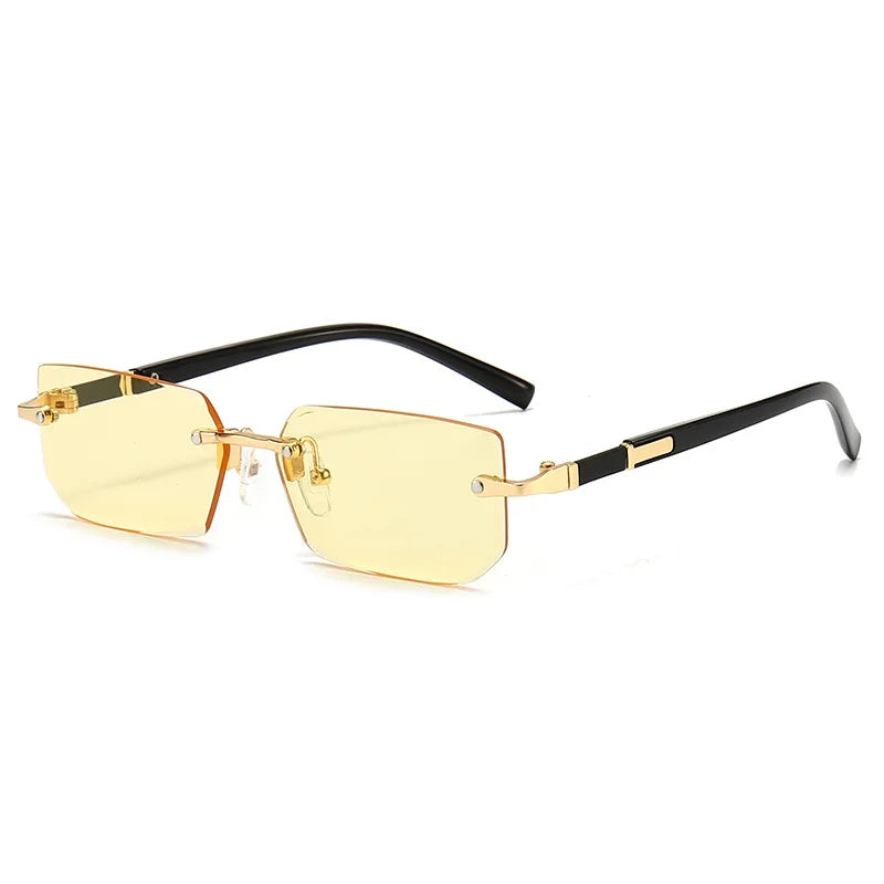 Close-up of KlaraView frameless rectangular women's sunglasses, gradient lenses, and sleek design