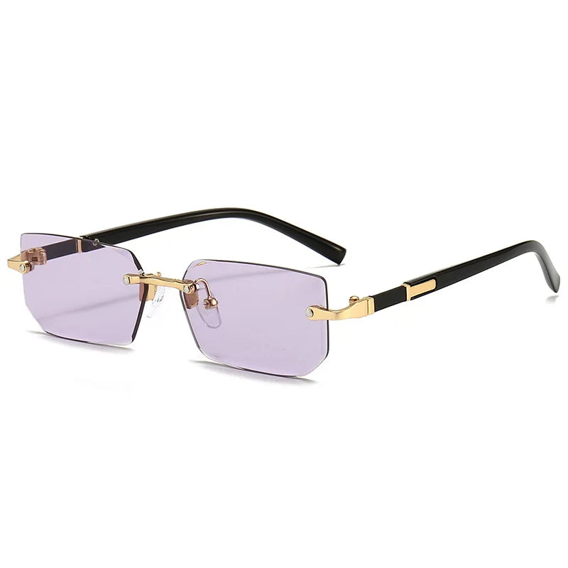 A pair of KlaraView frameless rectangular women's sunglasses with eye-catching colorful gradient lenses