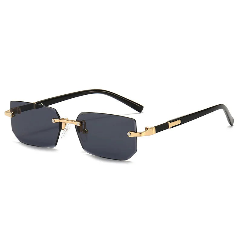 Close-up of a woman wearing frameless rectangular gradient sunglasses, highlighting summer style