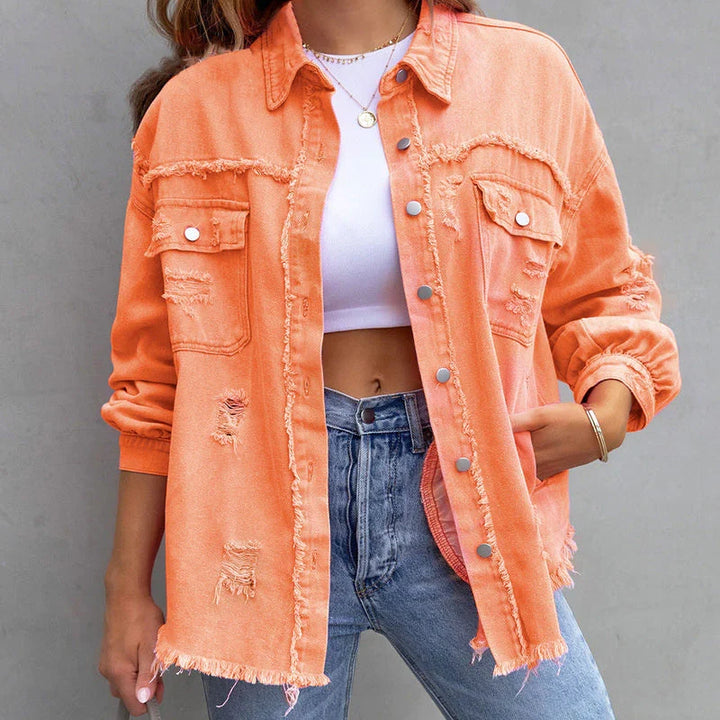 Women's frayed denim jacket, perfect for effortless casual style. Distressed fashion outerwear with a trendy look.