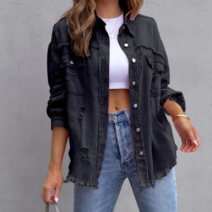 Trendy women's frayed denim jacket, great for a layered look. Effortless casual style outerwear, a fashion statement.