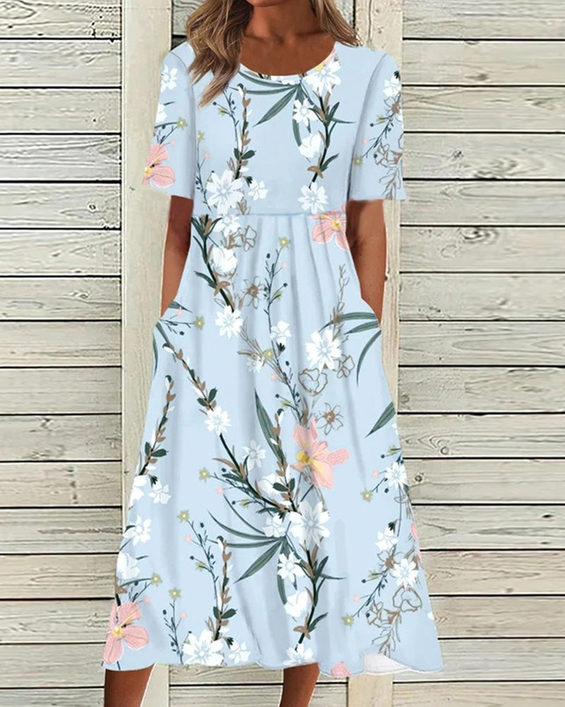 Women's fresh floral A-line midi dress with round neck and short sleeves, perfect for summer.