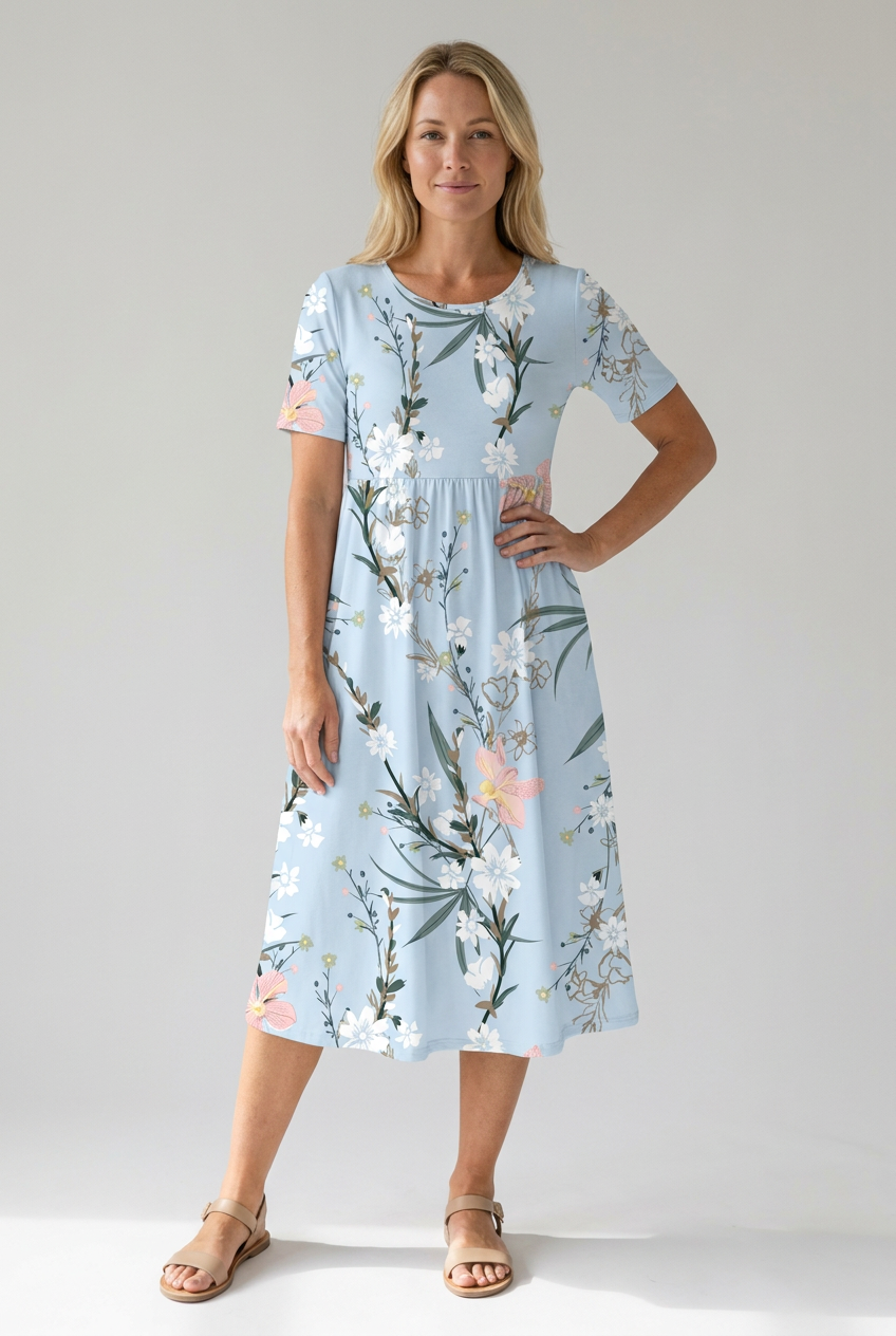 Elegant women's floral A-line midi dress, versatile for casual or day wear. Feminine design.