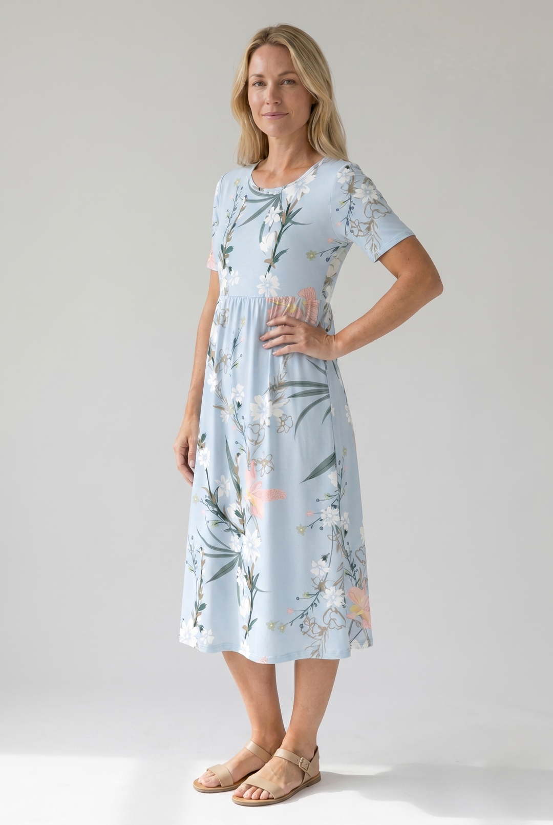 Vibrant fresh floral print on a women's A-line midi dress, ideal for warm weather elegance.