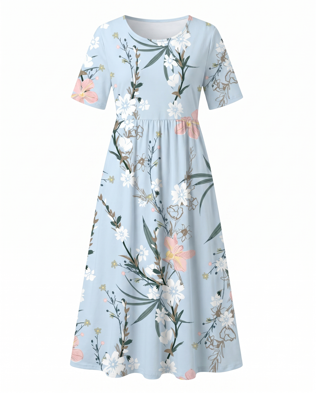 Perfect summer casual women's floral midi dress. A-line shape, round neck, feminine and fresh style.