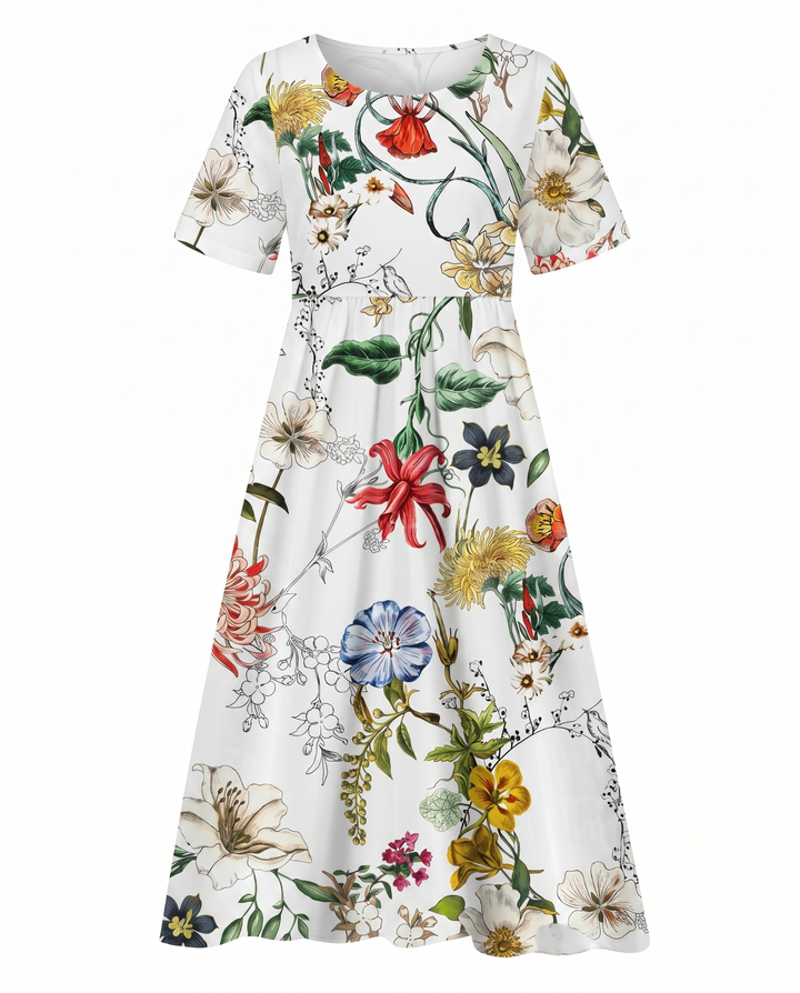 Fresh floral women's A-line midi dress featuring a modest round neck & short sleeves. Elegant warm-weather wear.