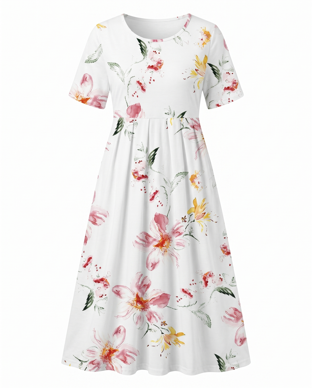 Versatile women's floral midi dress with a flattering A-line silhouette, round neck, and short sleeves for summer.