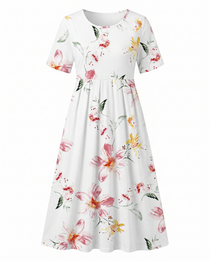 Versatile women's floral midi dress with a flattering A-line silhouette, round neck, and short sleeves for summer.