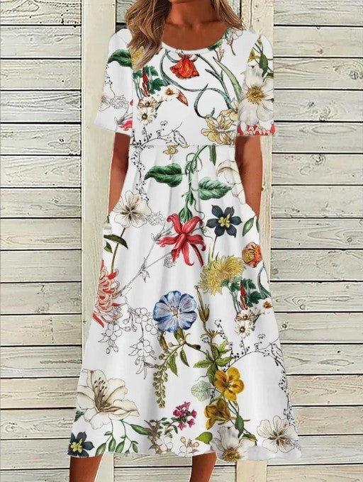 Women's fresh floral A-line midi dress. Round neck, short sleeve. Casual, elegant, summer.