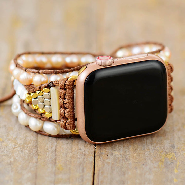 Women's freshwater pearl Apple Watch wrap band, handmade for elegant boho style.