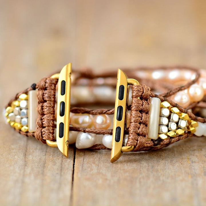 Elegant women's Apple Watch wrap band with freshwater pearls, perfect boho accessory or gift for her.