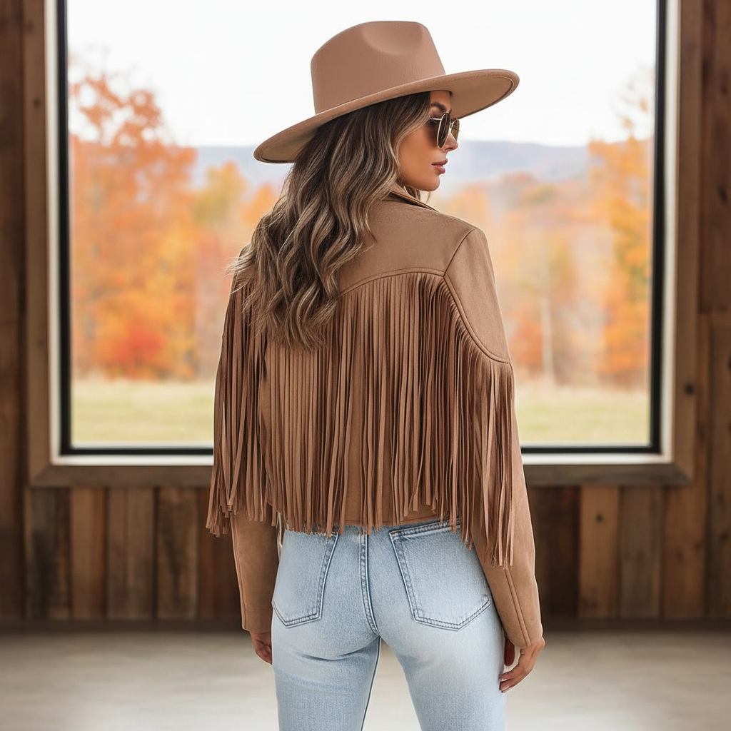 Women's fringed western style faux leather jacket in brown, front view with long fringe