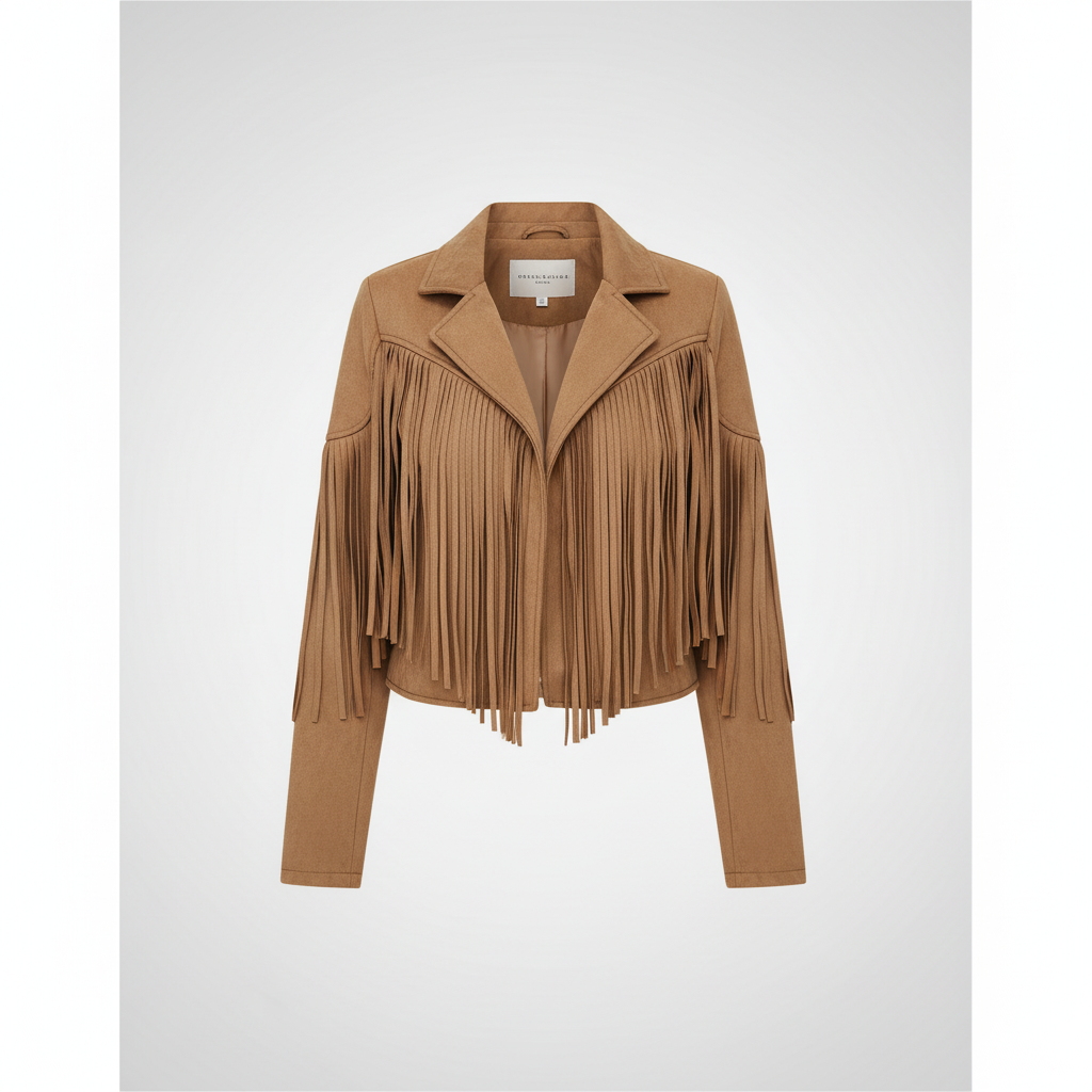 Close-up of women's faux leather jacket with western fringe detail on sleeves and back