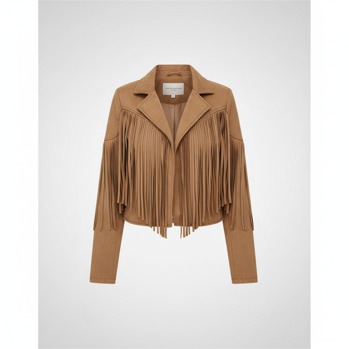 Close-up of women's faux leather jacket with western fringe detail on sleeves and back