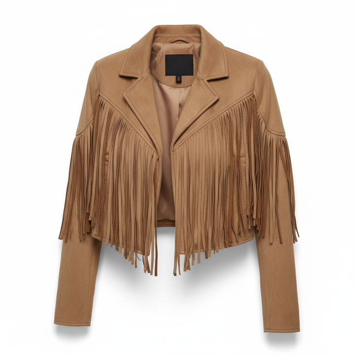 Back view of women's western style jacket featuring extensive fringe detailing, a statement piece