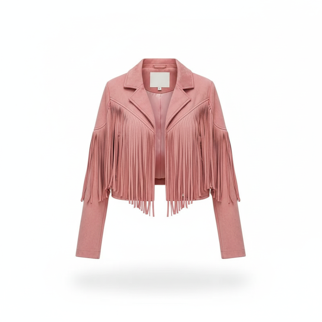 Model wearing women's Hannah fringed faux leather jacket, showcasing its unique western design