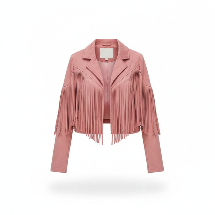 Model wearing women's Hannah fringed faux leather jacket, showcasing its unique western design
