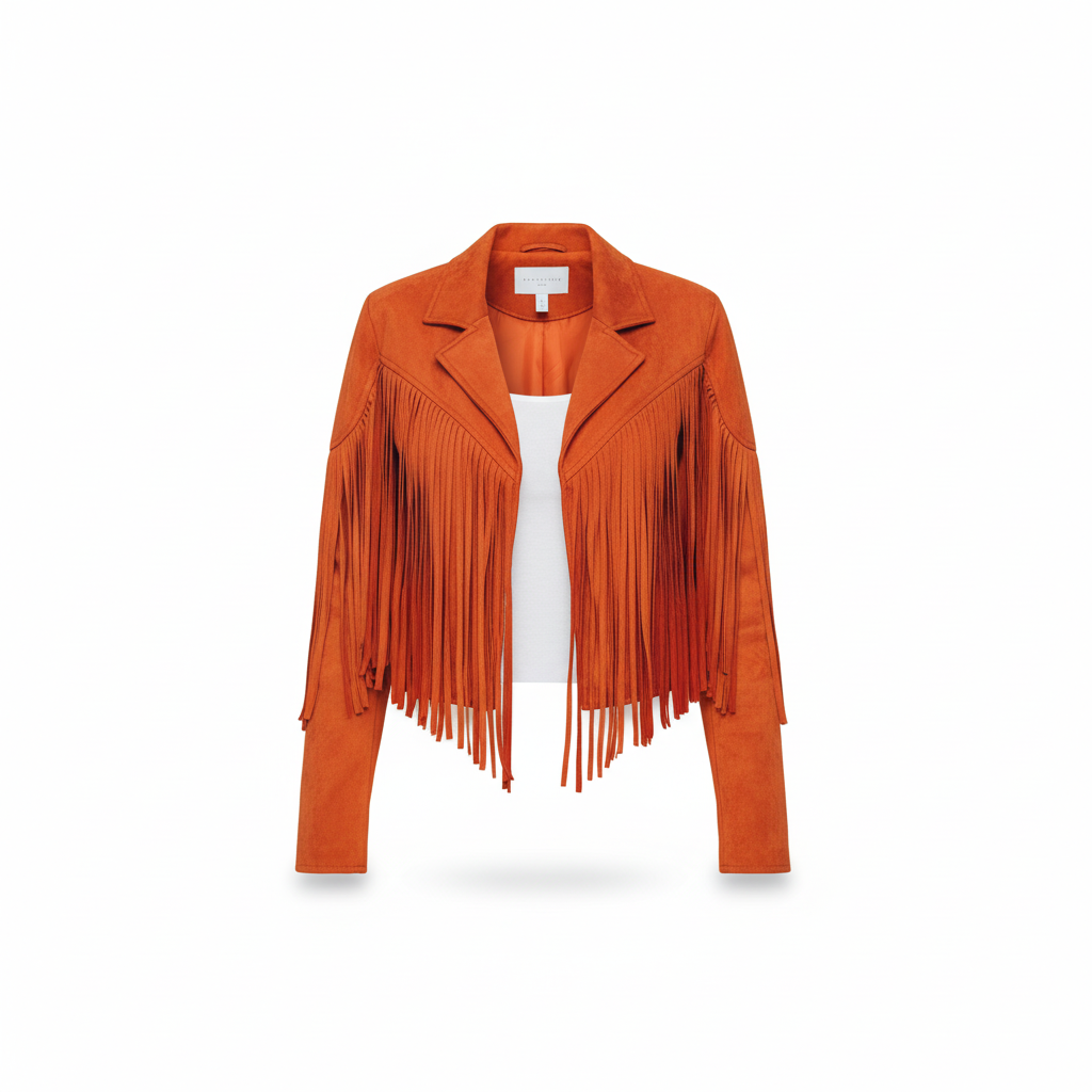 Detailed shot of the faux leather texture and fringe on a women's western fashion jacket