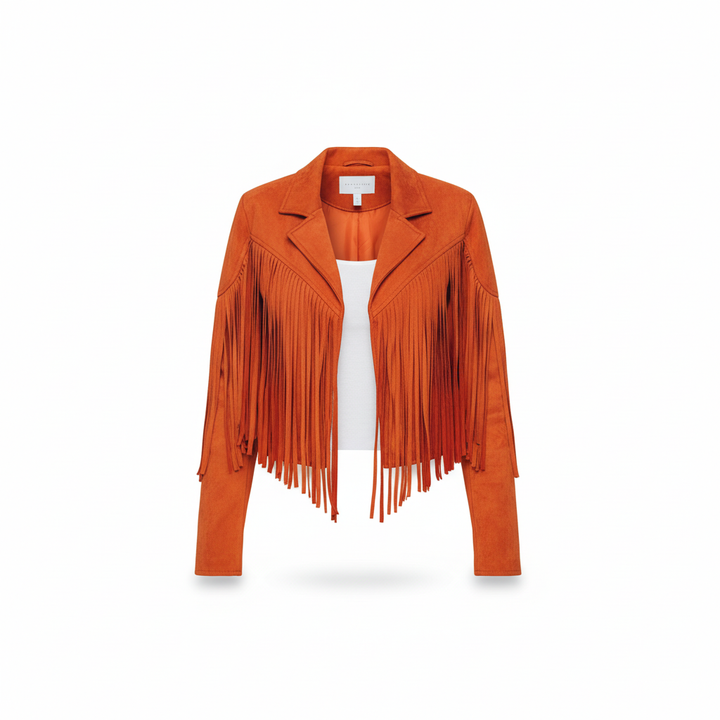 Detailed shot of the faux leather texture and fringe on a women's western fashion jacket