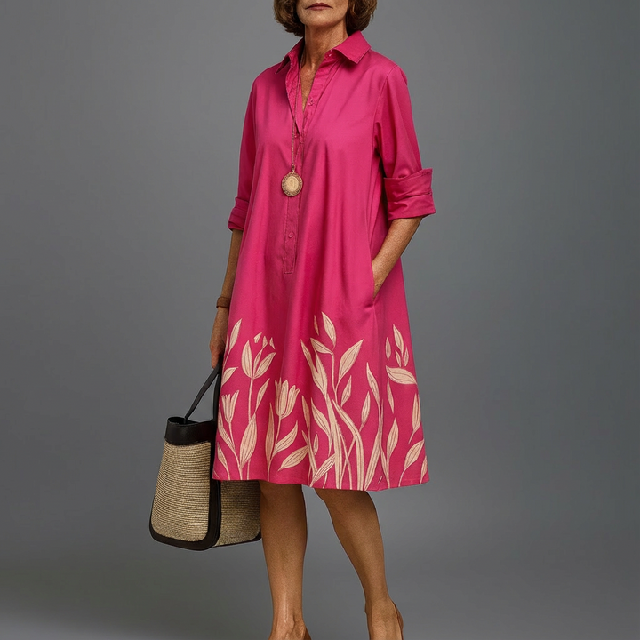 Women's fuchsia floral embroidered midi shirt dress, elegant & comfortable for spring/summer fashion.