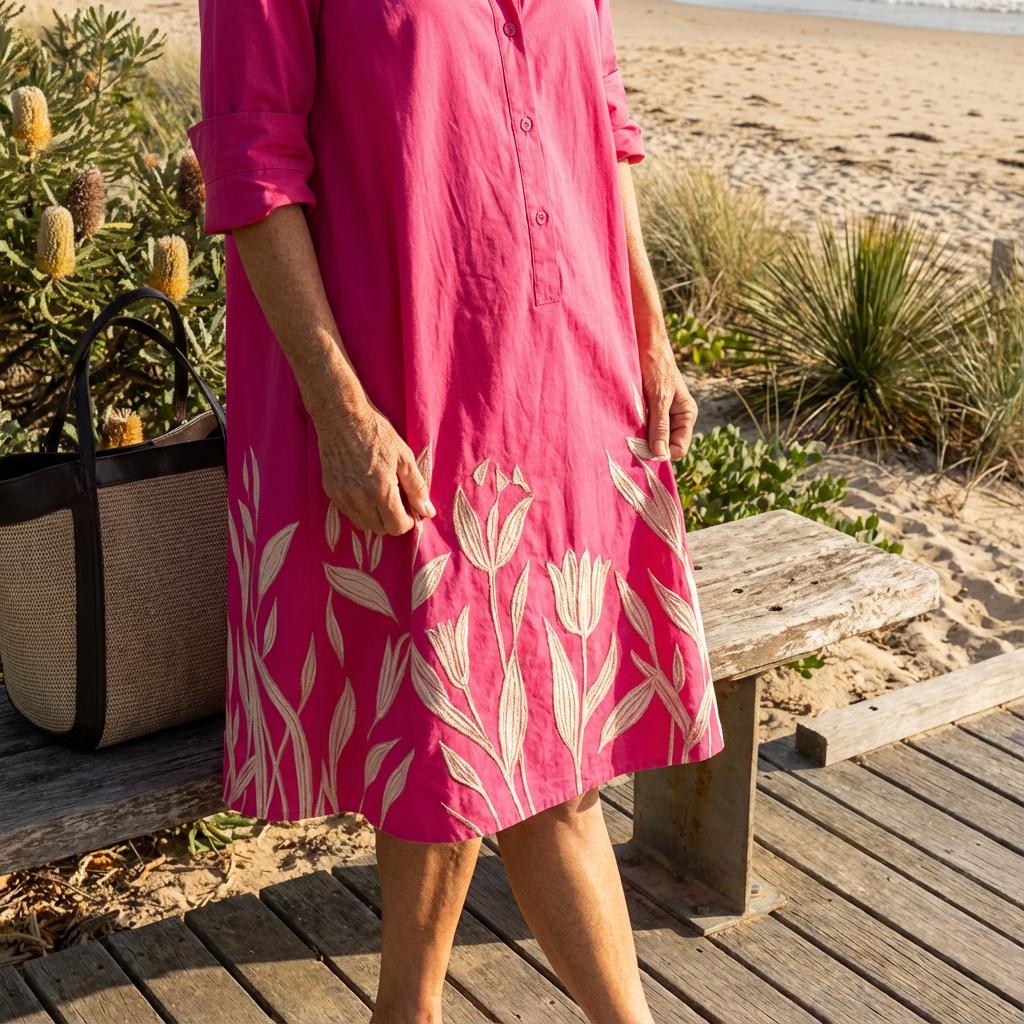 Elegant women's fuchsia floral print midi dress, comfortable & stylish for effortless spring/summer style.