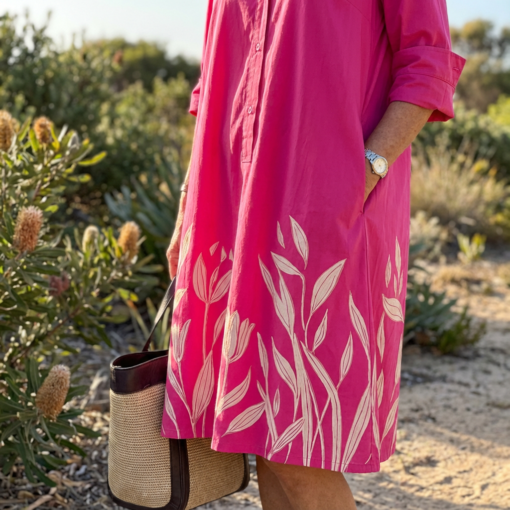 Fuchsia floral embroidery midi dress, a chic button-down shirt dress perfect for summer & spring outfits.