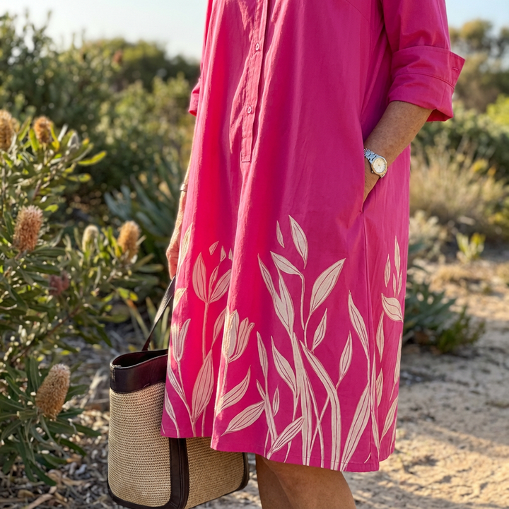 Fuchsia floral embroidery midi dress, a chic button-down shirt dress perfect for summer & spring outfits.