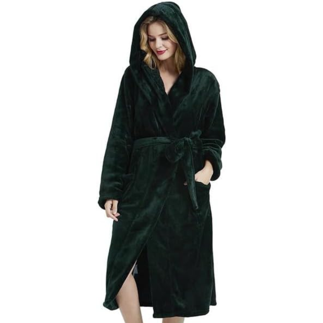 Luxurious women's hooded bathrobe, long and cozy, designed for ultimate comfort and relaxation.