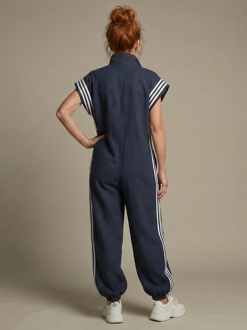 Casual women's full-length jumpsuit, perfect for everyday wear. Zip-front, high neck, sporty side stripes.