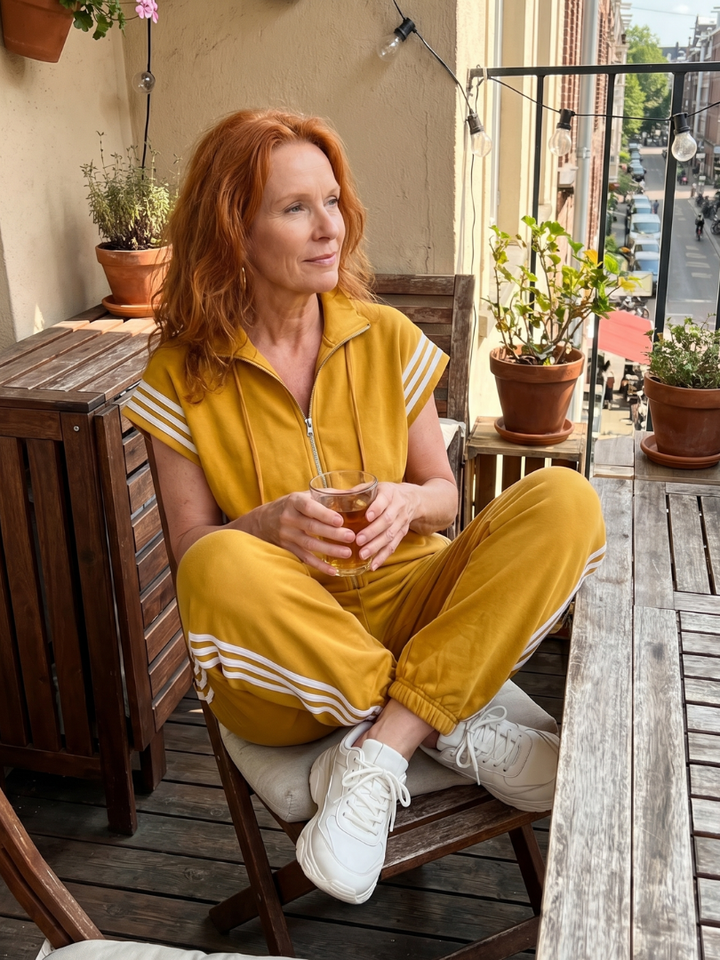 Full-length women's casual jumpsuit with a zip front, high neck, and stylish sporty side stripes.