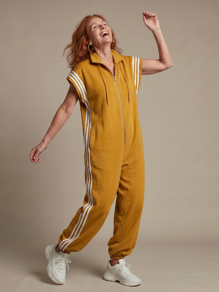 Modern women's full-length one-piece with a zip front, high neck, cap sleeves, & sporty side stripes.