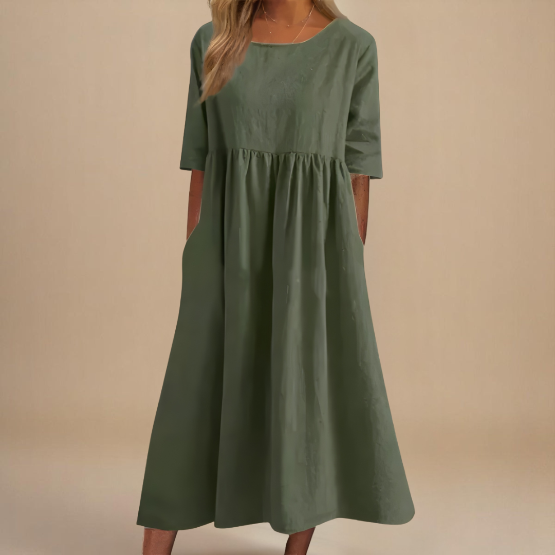 Women's gathered waist half-sleeve midi dress, perfect for effortless casual style and everyday comfort.
