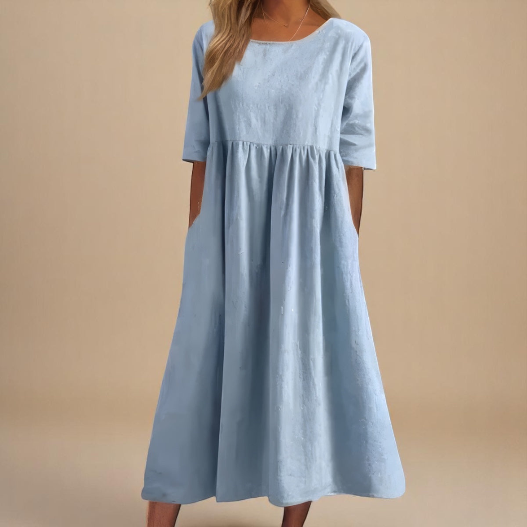Comfortable women's gathered waist midi dress, half-sleeve design, suitable for versatile everyday fashion.