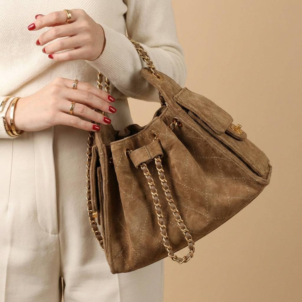 Women's genuine leather bucket shoulder bag, perfect for stylish everyday carry.