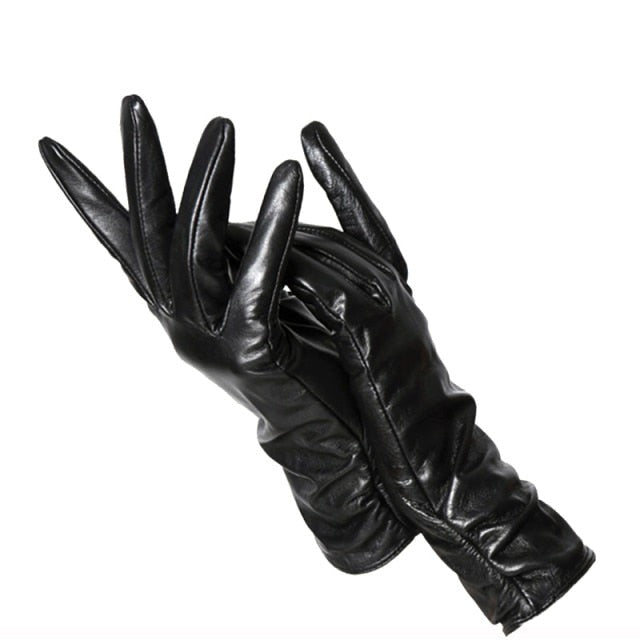 Women's genuine leather gloves, classic black, ideal fashion accessory for elegance and warmth.