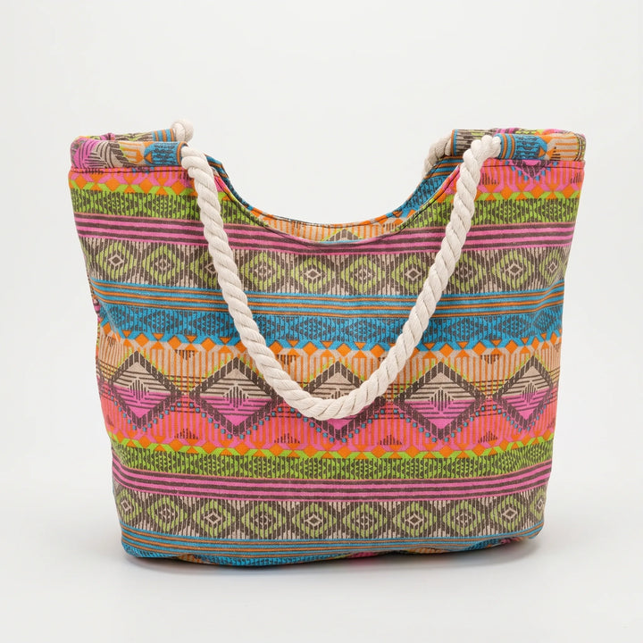 Colorful geometric pattern shopper tote bag for women, a stylish summer fashion accessory.