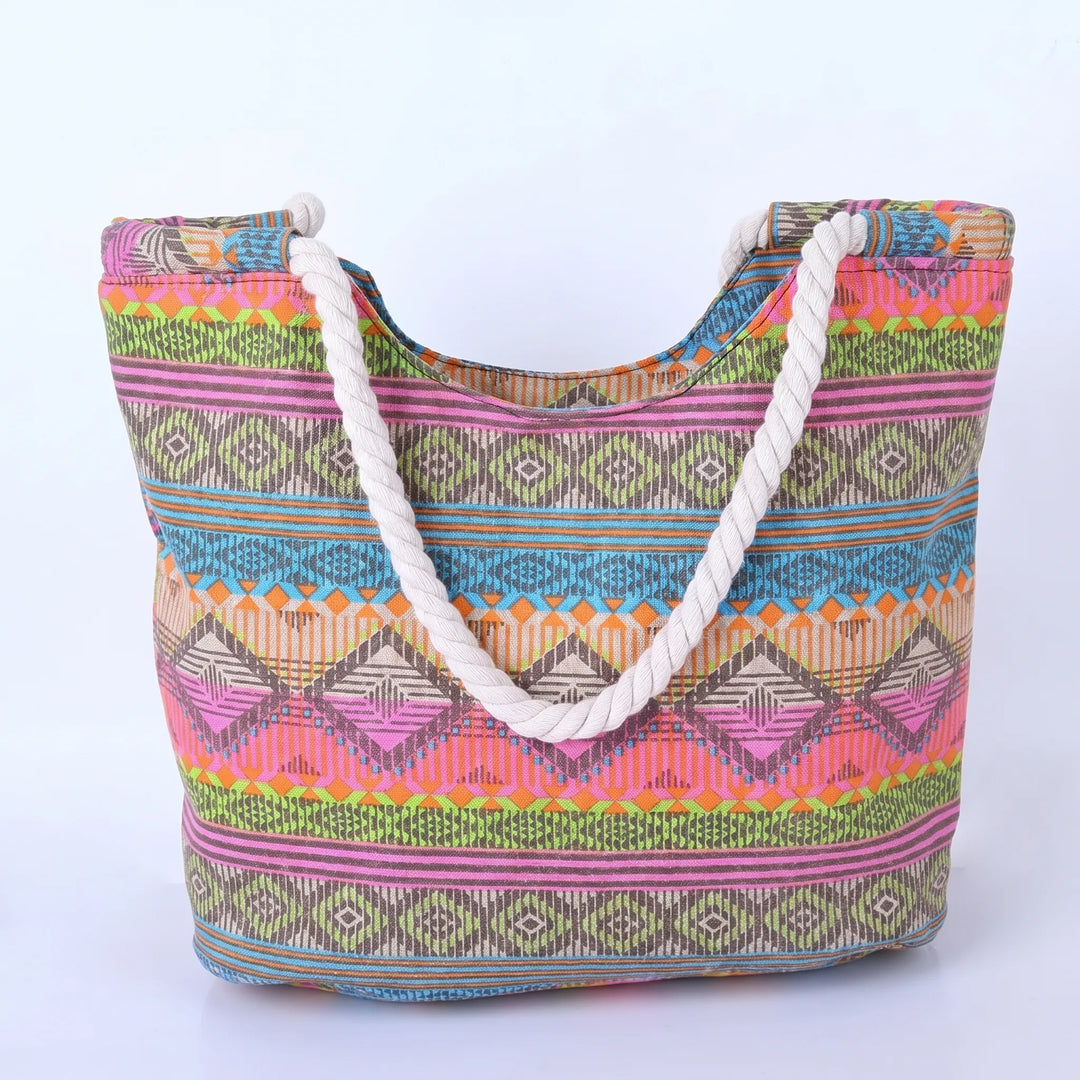 Fashionable women's geometric patterned tote bag with sturdy shoulder straps.