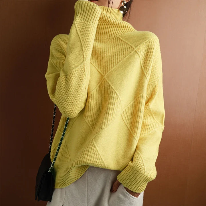 Women's geometric texture high neck sweater, stylish and warm for winter fashion.