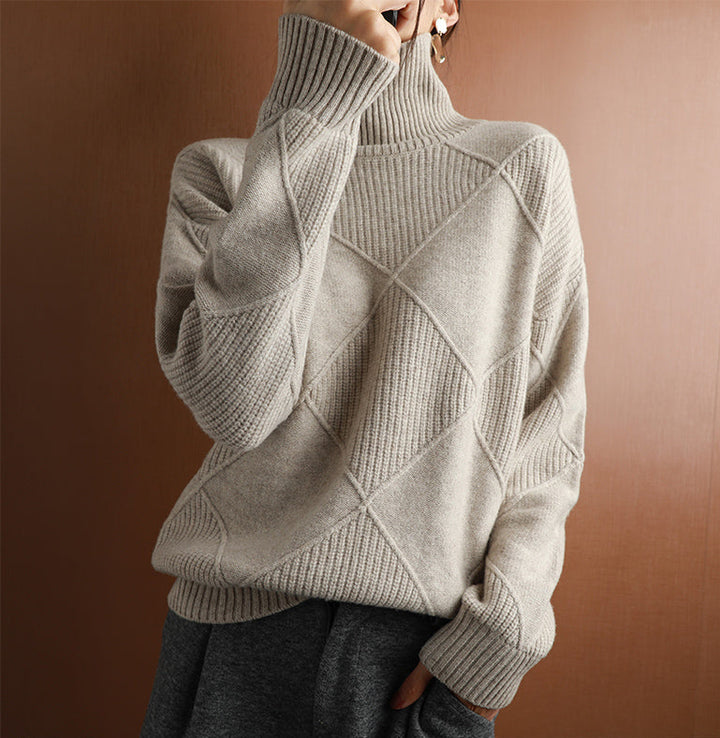 Women's versatile geometric texture high neck sweater, easy to style for any occasion.