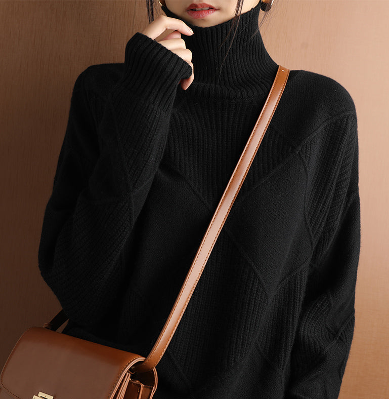 Cozy women's geometric texture high neck sweater, perfect for staying warm and stylish.