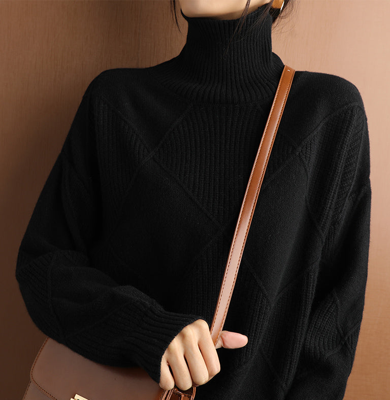 Women's chic geometric pattern high neck sweater, suitable for both casual and formal wear.