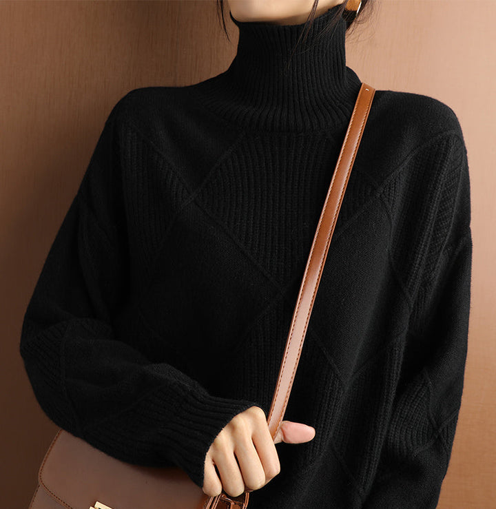 Women's chic geometric pattern high neck sweater, suitable for both casual and formal wear.