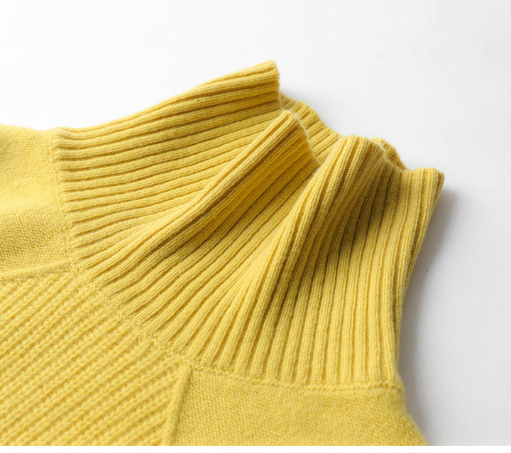 Chic women's geometric knit high neck sweater with ribbed cuffs, versatile for winter.