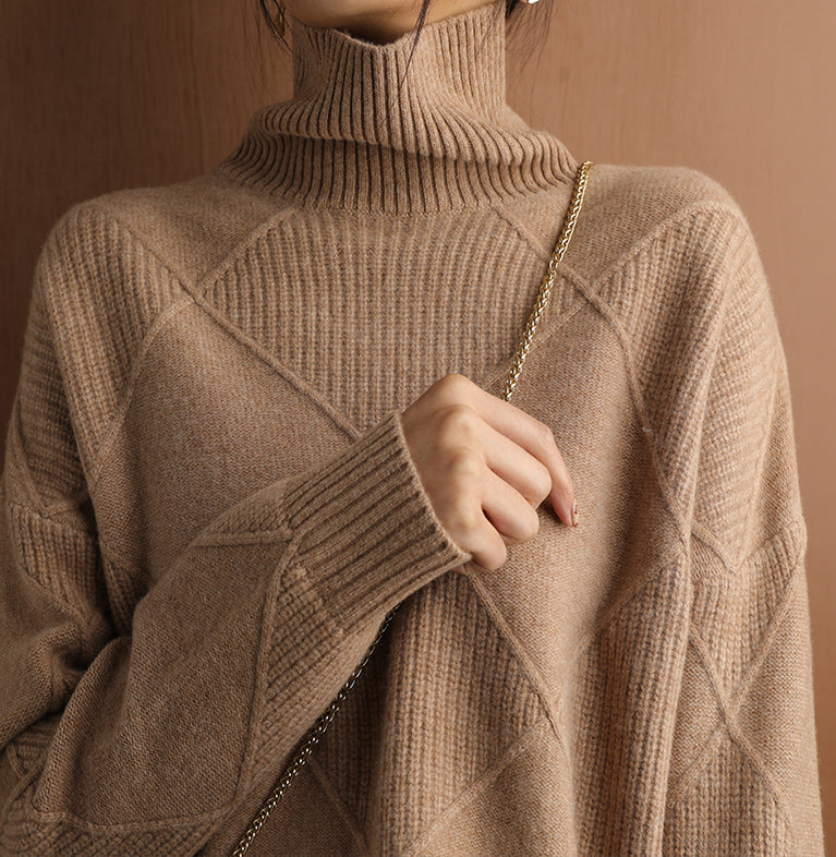 Women's cozy geometric texture high neck sweater, perfect for chilly winter days and comfort.