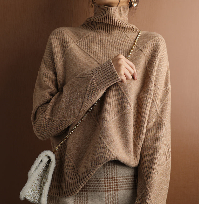 Stylish women's high neck sweater with a unique geometric knit pattern, comfortable and warm.