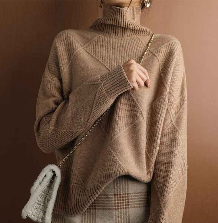 Stylish women's high neck sweater with a unique geometric knit pattern, comfortable and warm.