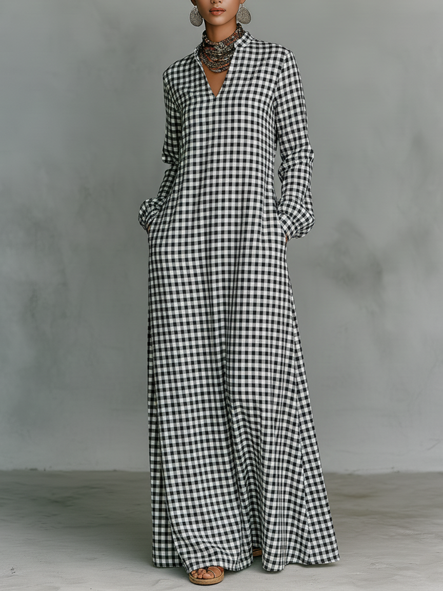 Women's gingham check V-neck long sleeve maxi dress. Casual, versatile A-line style for spring/summer fashion.