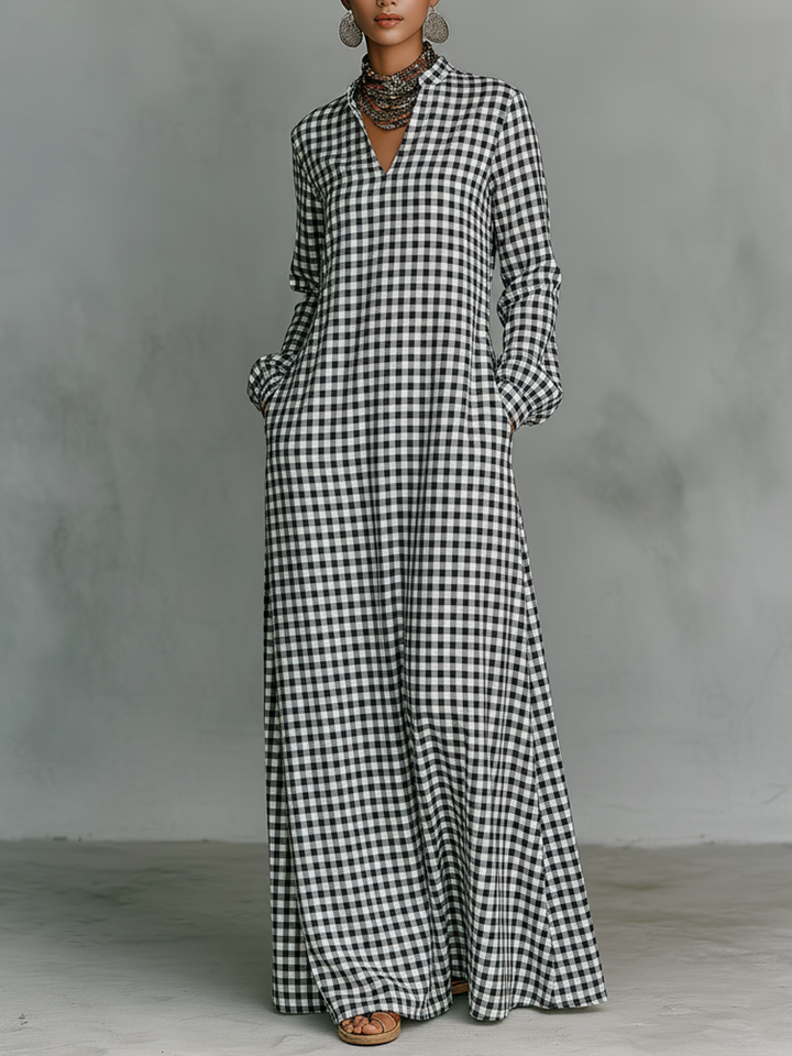 Women's gingham check V-neck long sleeve maxi dress. Casual, versatile A-line style for spring/summer fashion.