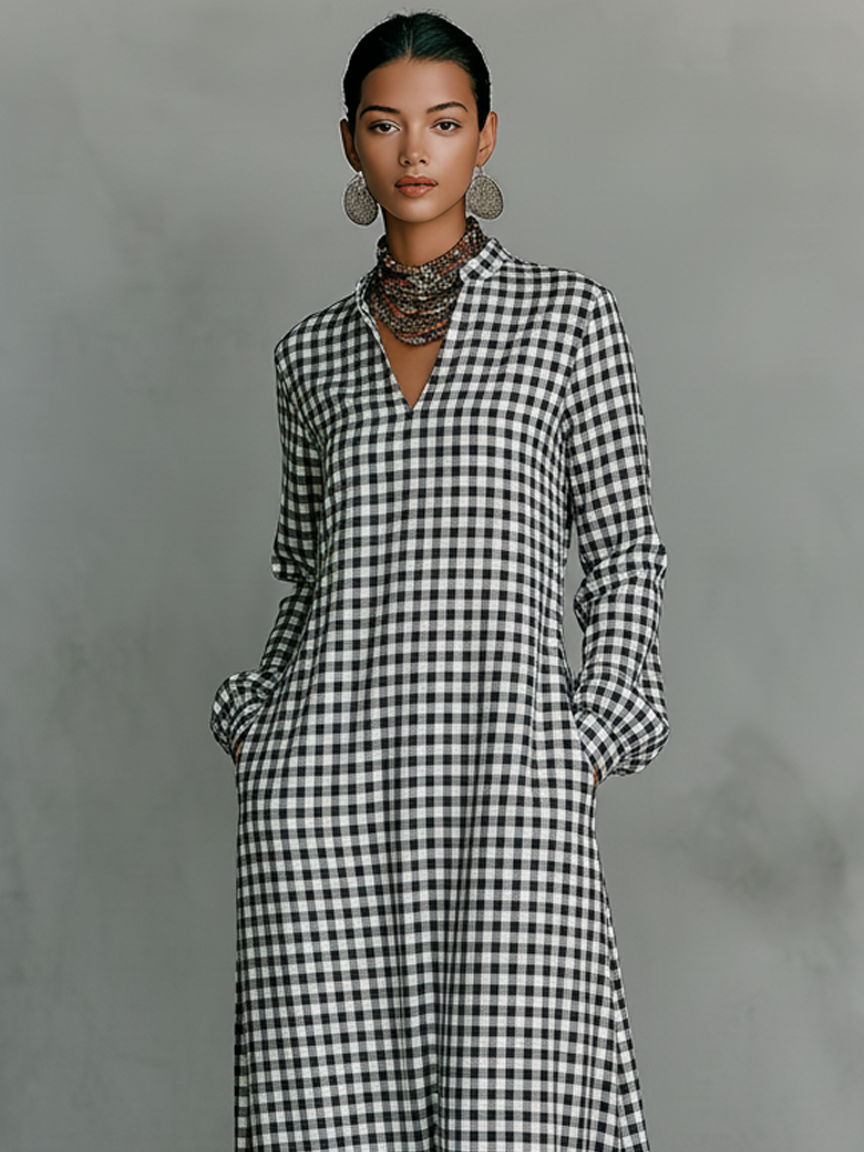Stylish women's V-neck long sleeve maxi dress featuring a classic gingham check pattern. Perfect for everyday chic.